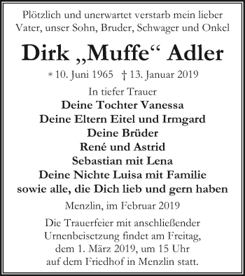 Traueranzeige von Dirk Adler von Vorpommern Kurier