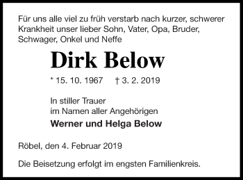 Traueranzeige von Dirk Below von Müritz-Zeitung