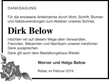 Traueranzeige von Dirk Below von Müritz-Zeitung