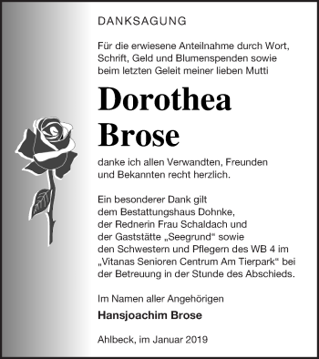 Traueranzeige von Dorothea Brose von Haff-Zeitung