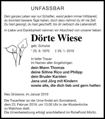 Traueranzeige von Dörte Wiese von Müritz-Zeitung