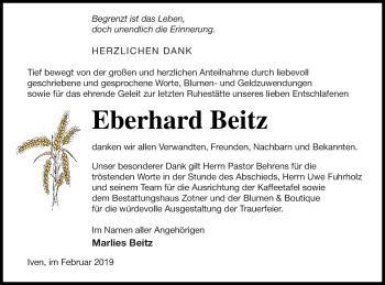 Traueranzeige von Eberhard Beitz von Vorpommern Kurier