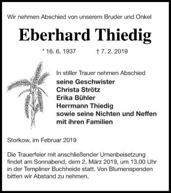 Traueranzeige von Eberhard Thiedig von Templiner Zeitung