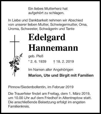 Traueranzeige von Edelgard Hannemann von Neubrandenburger Zeitung