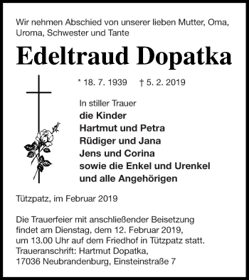 Traueranzeige von Edeltraud Dopatka von Neubrandenburger Zeitung