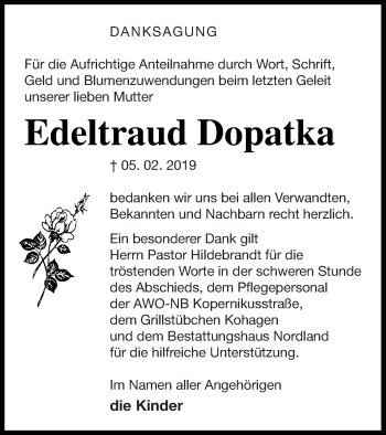 Traueranzeige von Edeltraud Dopatka von Demminer Zeitung