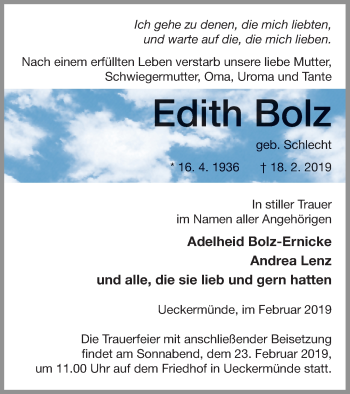 Traueranzeige von Edith Bolz von Haff-Zeitung