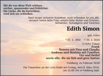 Traueranzeige von Edith Simon von Neubrandenburger Zeitung