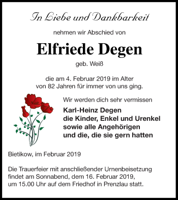 Traueranzeige von Elfriede Degen von Prenzlauer Zeitung