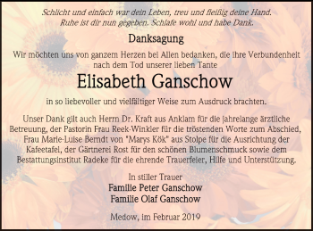 Traueranzeige von Elisabeth Ganschow von Vorpommern Kurier