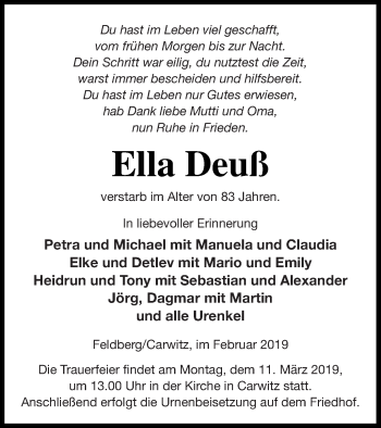 Traueranzeige von Ella Deuß von Strelitzer Zeitung