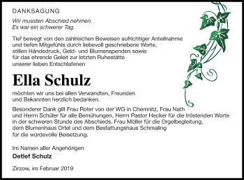 Traueranzeige von Ella Schulz von Neubrandenburger Zeitung