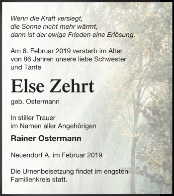 Traueranzeige von Else Zehrt von Haff-Zeitung