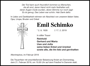 Traueranzeige von Emil Schimko von Demminer Zeitung