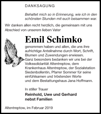 Traueranzeige von Emil Schimko von Neubrandenburger Zeitung