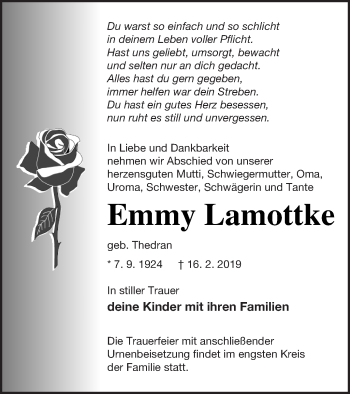 Traueranzeige von Emmy Lamottke von Strelitzer Zeitung