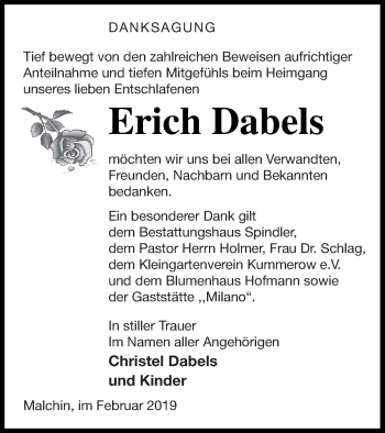 Traueranzeige von Erich Dabels von Mecklenburger Schweiz