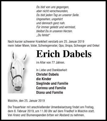 Traueranzeige von Erich Dabels von Mecklenburger Schweiz