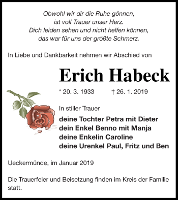 Traueranzeige von Erich Habeck von Haff-Zeitung