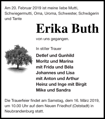 Traueranzeige von Erika Buth von Vorpommern Kurier