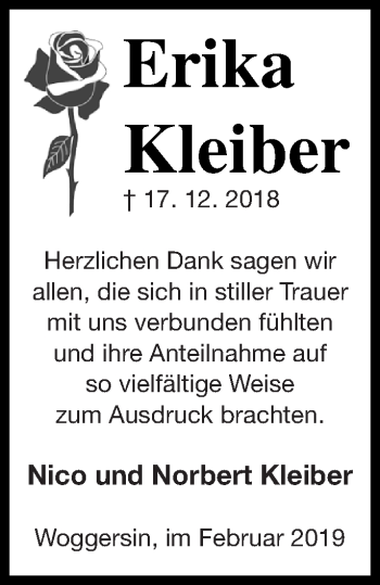 Traueranzeige von Erika Kleiber von Neubrandenburger Zeitung