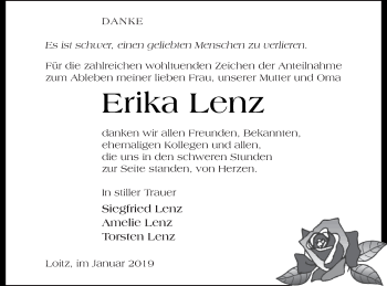 Traueranzeige von Erika Lenz von Vorpommern Kurier