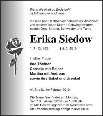 Traueranzeige von Erika Siedow von Strelitzer Zeitung