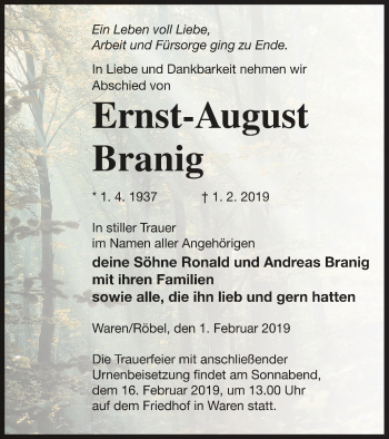 Traueranzeige von Ernst-August Branig von Müritz-Zeitung