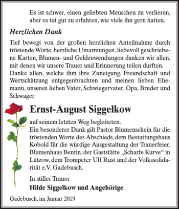 Traueranzeige von Ernst-August Siggelkow von Gadebusch-Rehnaer Zeitung