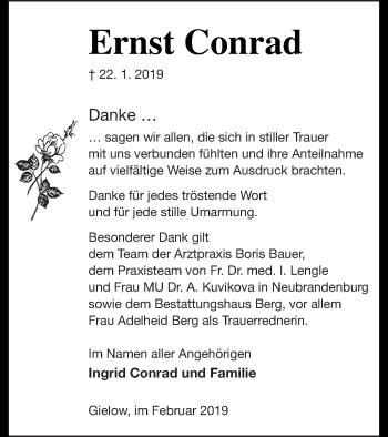 Traueranzeige von Ernst Conrad von Mecklenburger Schweiz