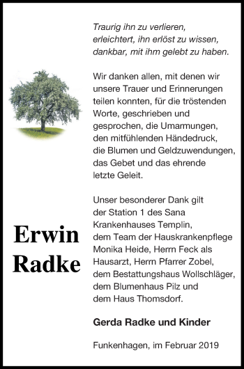 Traueranzeige von Erwin Radke von Templiner Zeitung