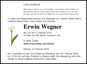 Traueranzeige von Erwin Wegner von Pasewalker Zeitung