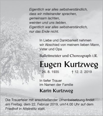 Traueranzeige von Eugen Kurtzweg von Strelitzer Zeitung