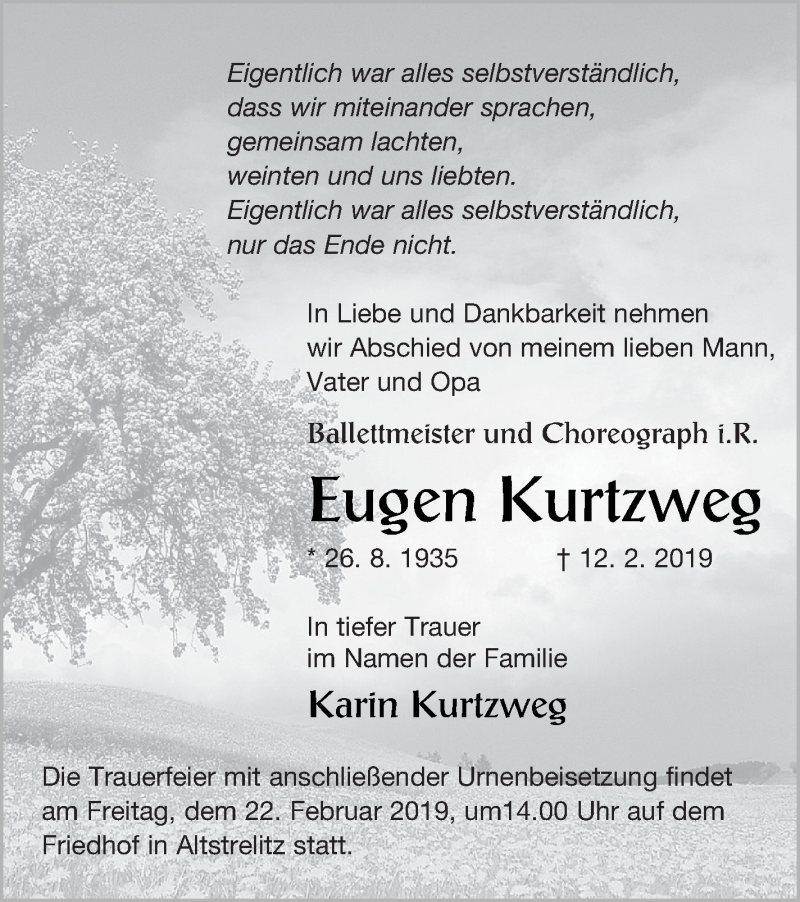  Traueranzeige für Eugen Kurtzweg vom 15.02.2019 aus Strelitzer Zeitung