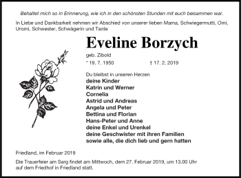 Traueranzeige von Eveline Borzych von Neubrandenburger Zeitung
