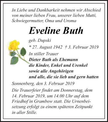 Traueranzeige von Eveline Buth von Pasewalker Zeitung