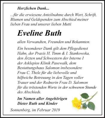 Traueranzeige von Eveline Buth von Pasewalker Zeitung