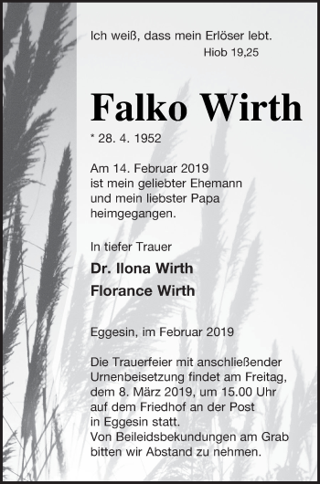 Traueranzeige von Falko Wirth von Haff-Zeitung