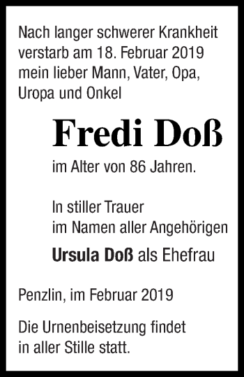 Traueranzeige von Fredi Doß von Müritz-Zeitung