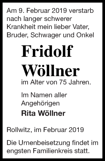 Traueranzeige von Fridolf Wöllner von Pasewalker Zeitung