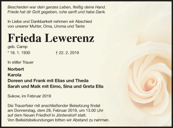 Traueranzeige von Frieda Lewerenz von Mecklenburger Schweiz