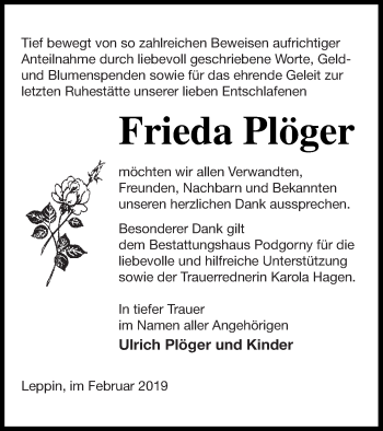 Traueranzeige von Frieda Plöger von Strelitzer Zeitung