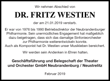 Traueranzeige von Fritz Westien von Neubrandenburger Zeitung