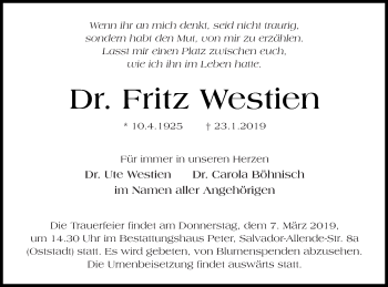 Traueranzeige von Fritz Westien von Neubrandenburger Zeitung