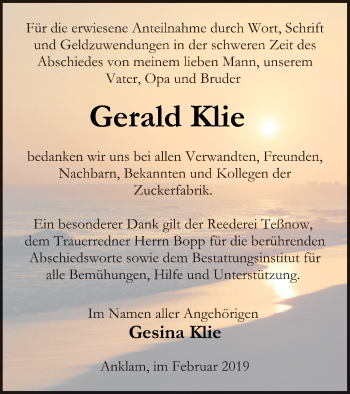 Traueranzeige von Gerald Klie von Vorpommern Kurier