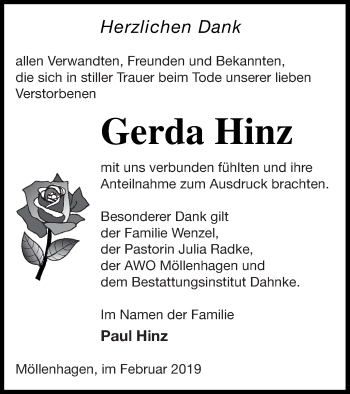 Traueranzeige von Gerda Hinz von Müritz-Zeitung