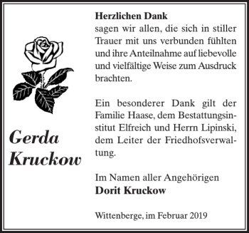 Traueranzeige von Gerda Kruckow von Der Prignitzer