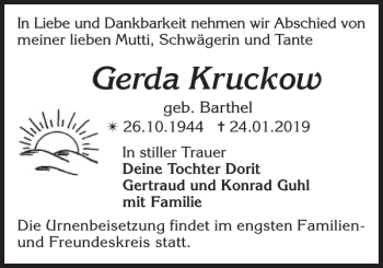 Traueranzeige von Gerda Kruckow von Der Prignitzer