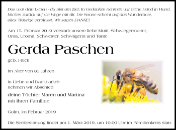 Traueranzeige von Gerda Paschen von Pasewalker Zeitung