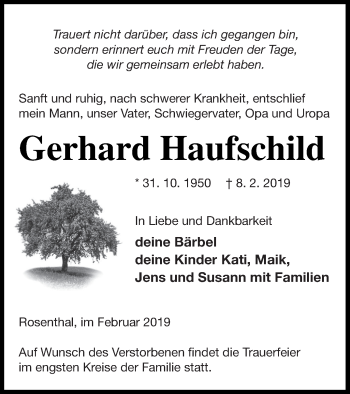 Traueranzeige von Gerhard Haufschild von Pasewalker Zeitung